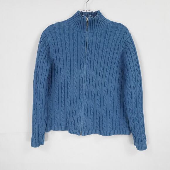 LL Bean Sweater Women Large Blue Cable Knit Full Zip Chunky Outdoors Casual Fall - Picture 1 of 15